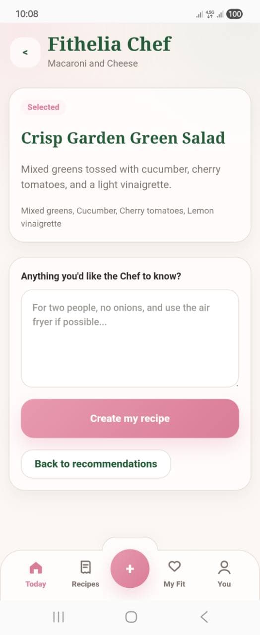 Fithelia Chef screen for a selected salad suggestion with an optional recipe context note.