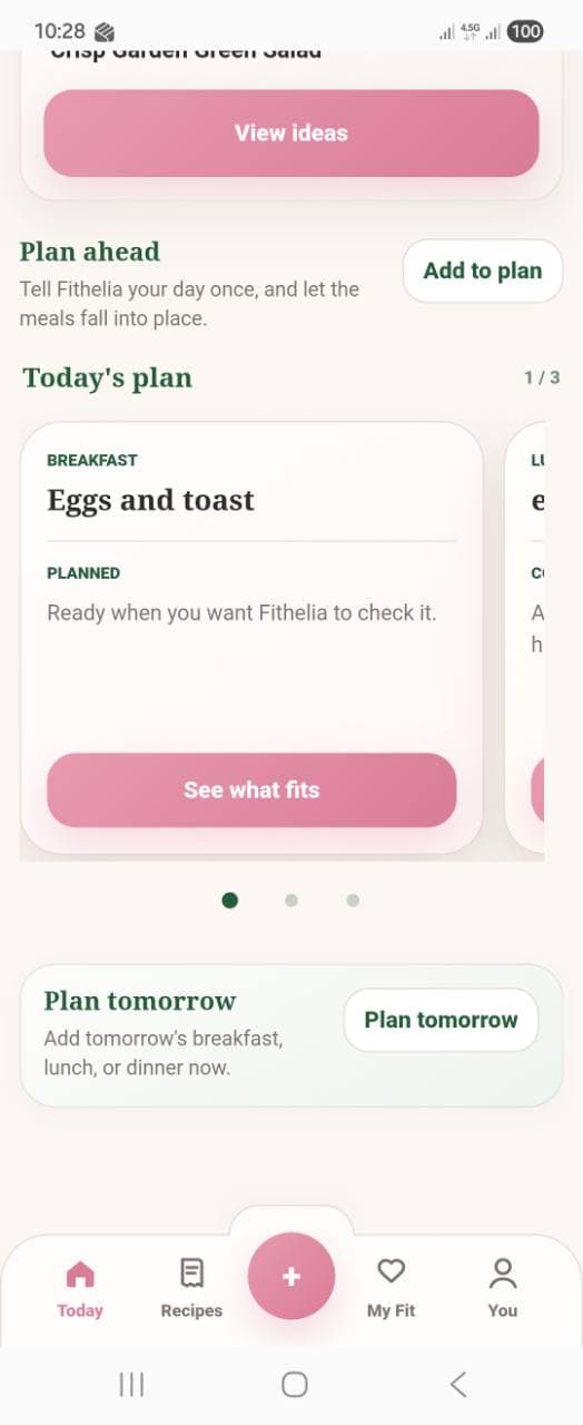 Fithelia plan carousel showing breakfast as planned and ready when the user wants Fithelia to check it.