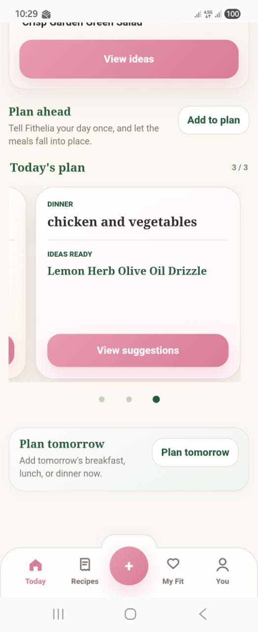 Fithelia Daily Planner showing a dinner plan with ideas ready and a View suggestions action.