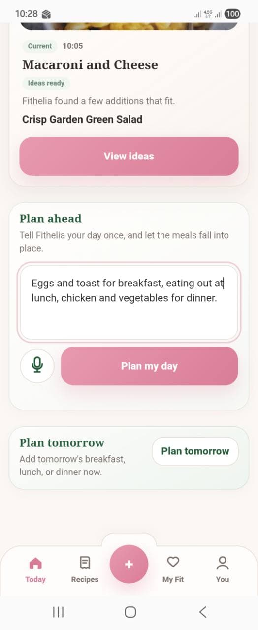 Fithelia Daily Planner showing natural-language day planning text and a Plan my day action.