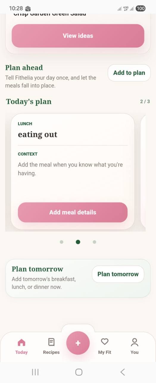 Fithelia plan carousel showing a lunch card that can accept more meal details.