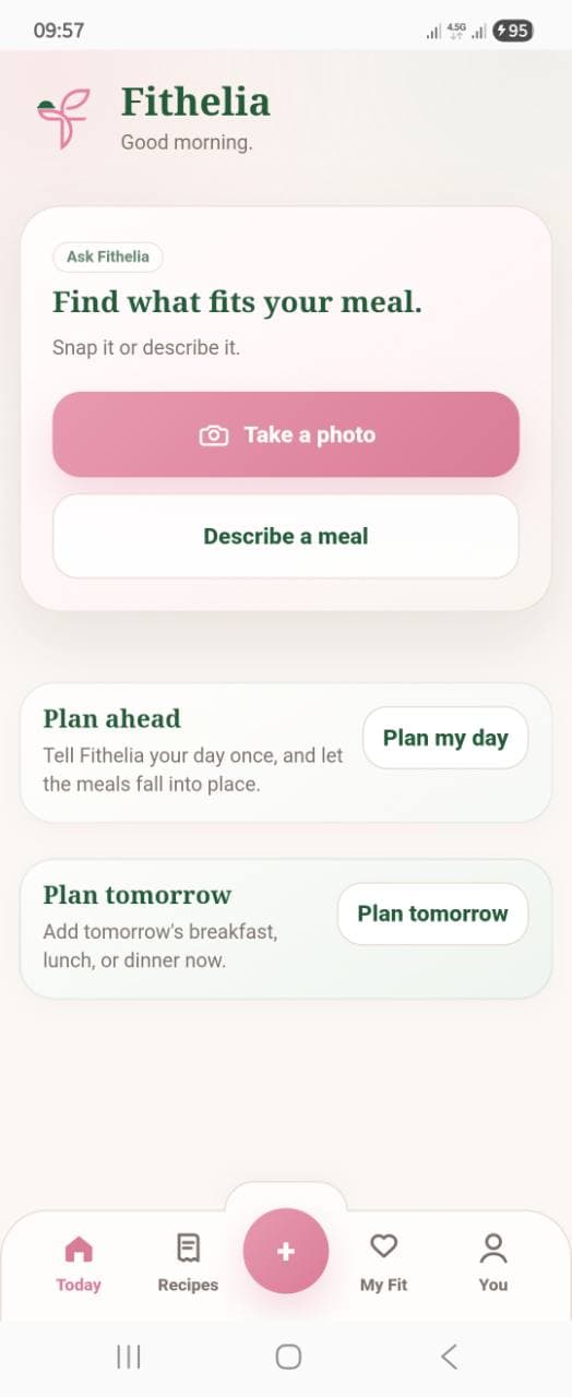 Fithelia home screen with meal and planning actions.
