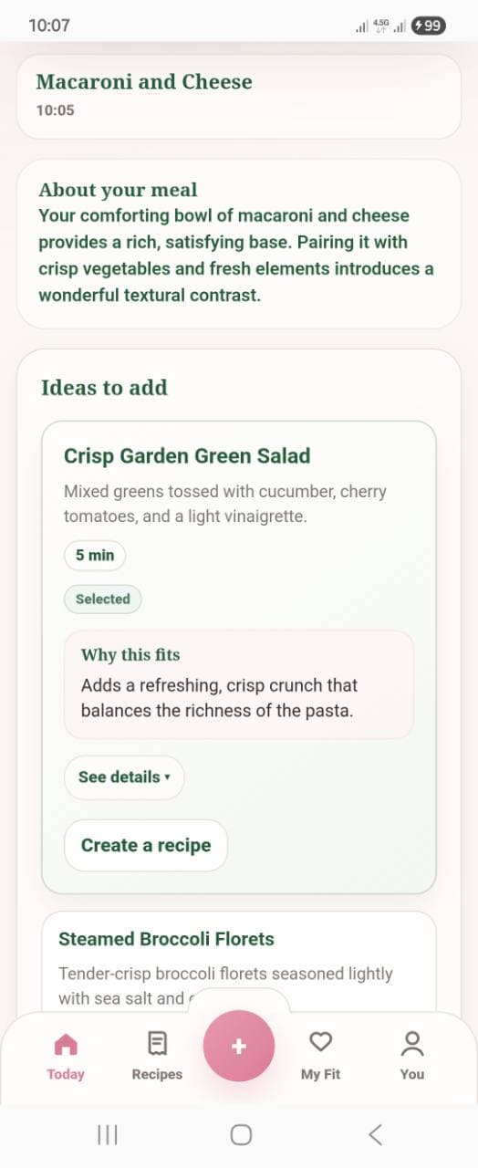 Fithelia recommendation screen showing a selected crisp garden green salad idea and why it fits macaroni and cheese.