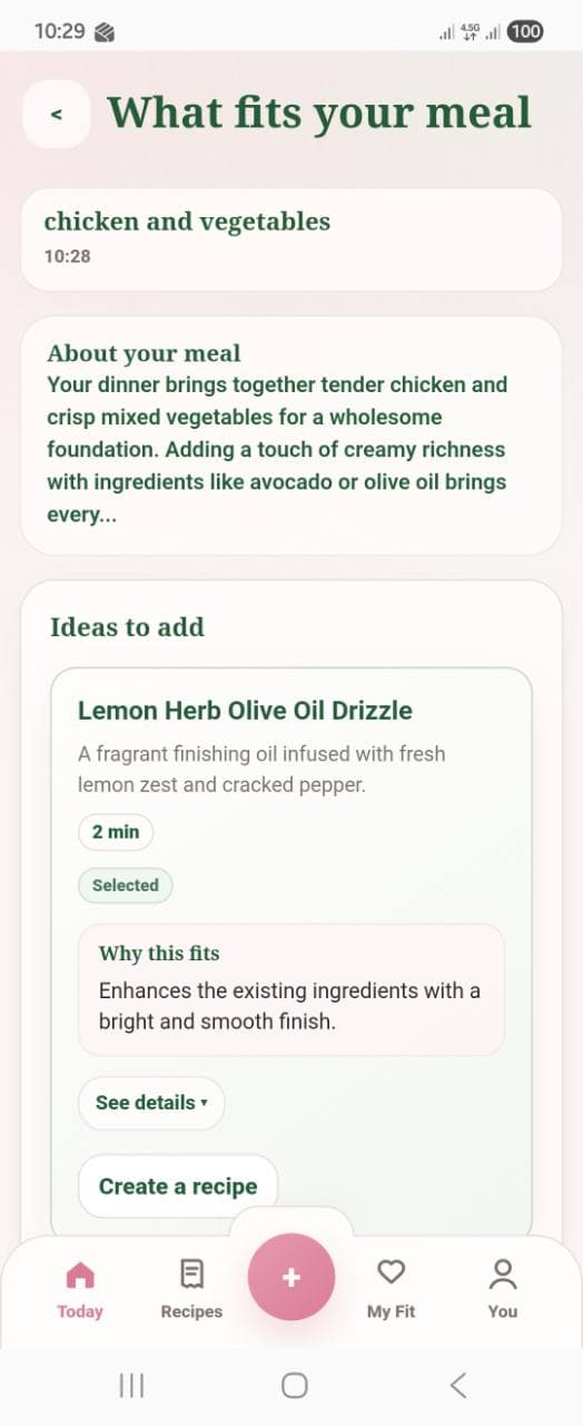 Fithelia recommendation screen showing a lemon herb olive oil drizzle idea for chicken and vegetables.