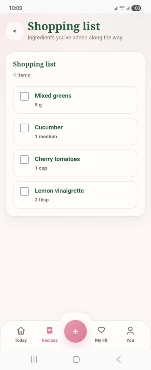 Fithelia shopping list screen showing selected ingredients added from a recipe.